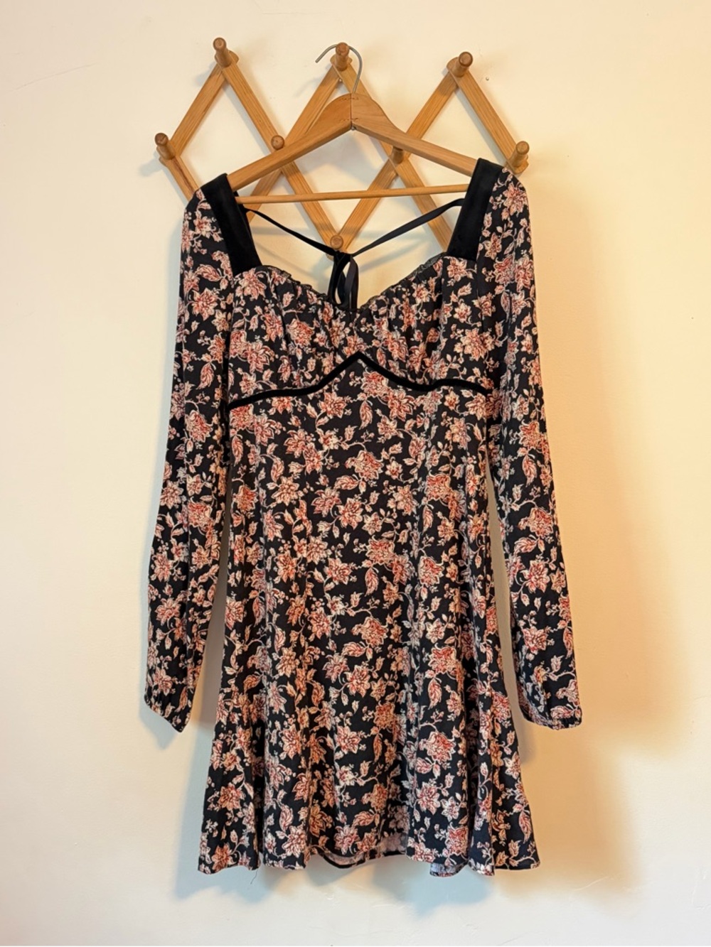 Black Floral Long-Sleeve Fit & Flare Dress with Blush Flowers